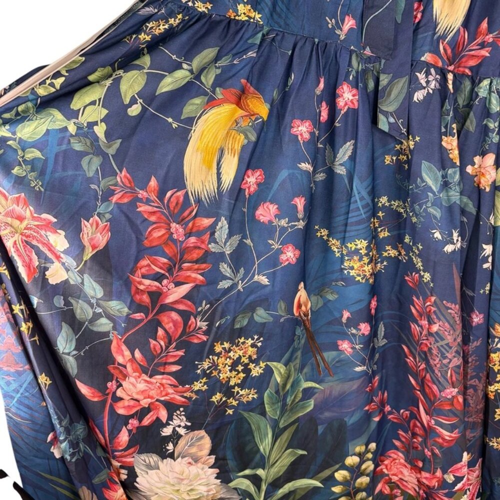 NWT Dalia Macphee Womens Navy Multi Long Sleeve Tie Neck Floral Maxi Dress Sz L - Picture 10 of 15